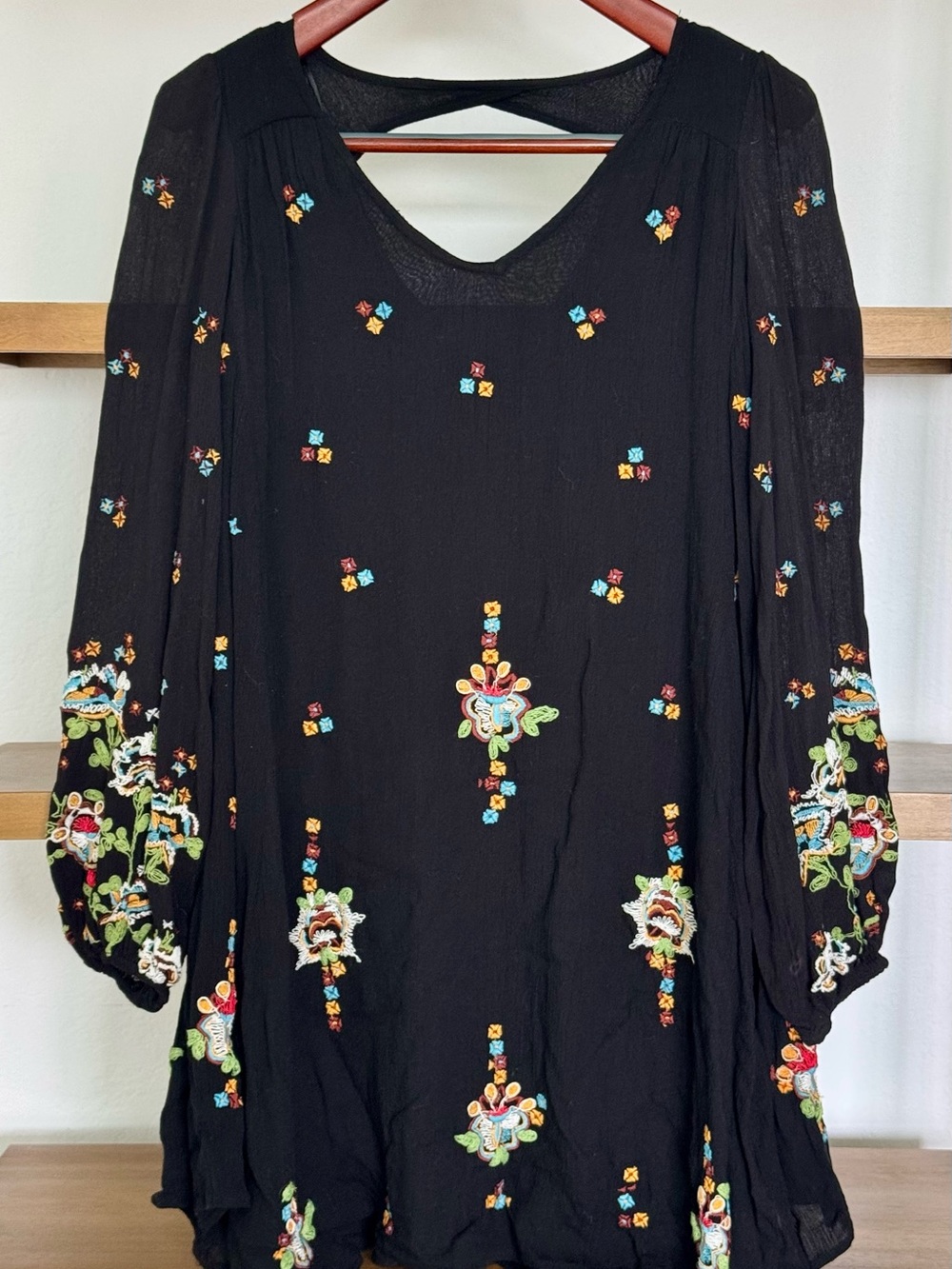 Free People Black Long Sleeve Embroidered Peasant Dress